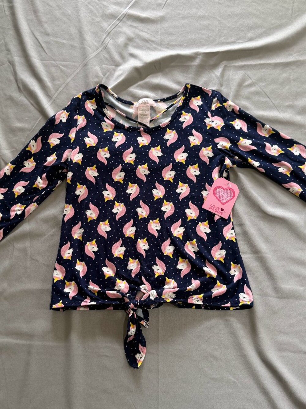 Love Maddie Girls Navy Blue Unicorn Printed Front Tie Shirt Size 14 New W/Tags
